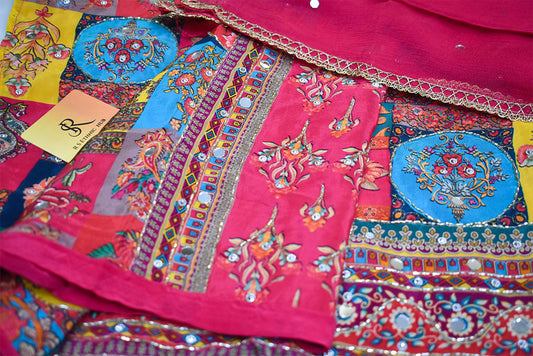 Pink crepe suit with mirror work and plain chiffon dupatta with mirror work