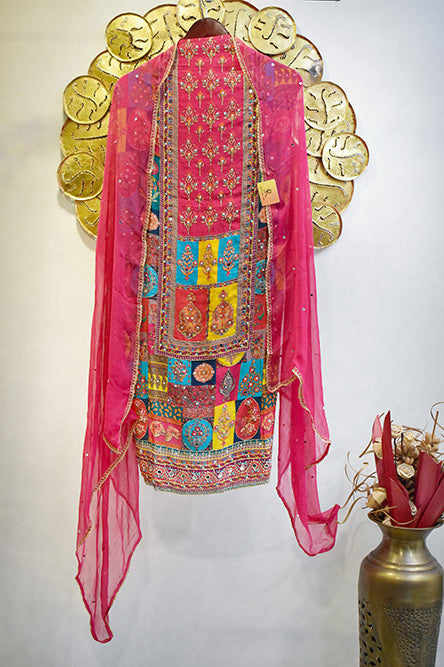 Pink crepe suit with mirror work and plain chiffon dupatta with mirror work