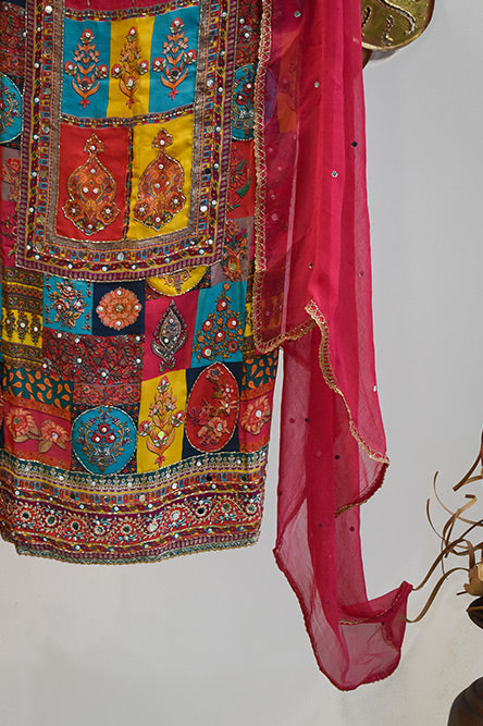 Pink crepe suit with mirror work and plain chiffon dupatta with mirror work