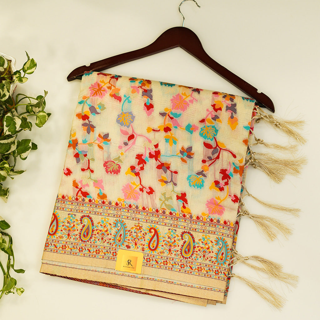 White Chanderi cotton Jamdani with multi colour floral embroidery all over