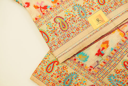 White Chanderi cotton Jamdani with multi colour floral embroidery all over