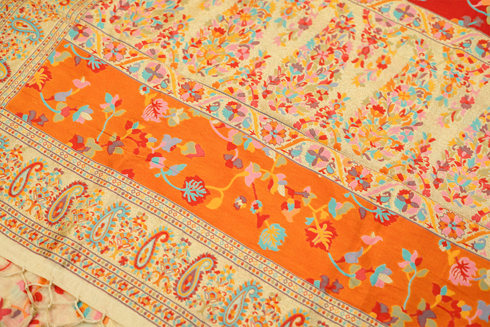White Chanderi cotton Jamdani with multi colour floral embroidery all over