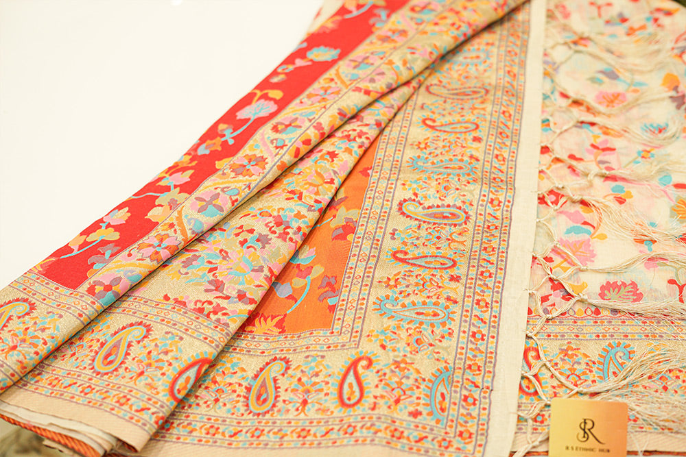 White Chanderi cotton Jamdani with multi colour floral embroidery all over