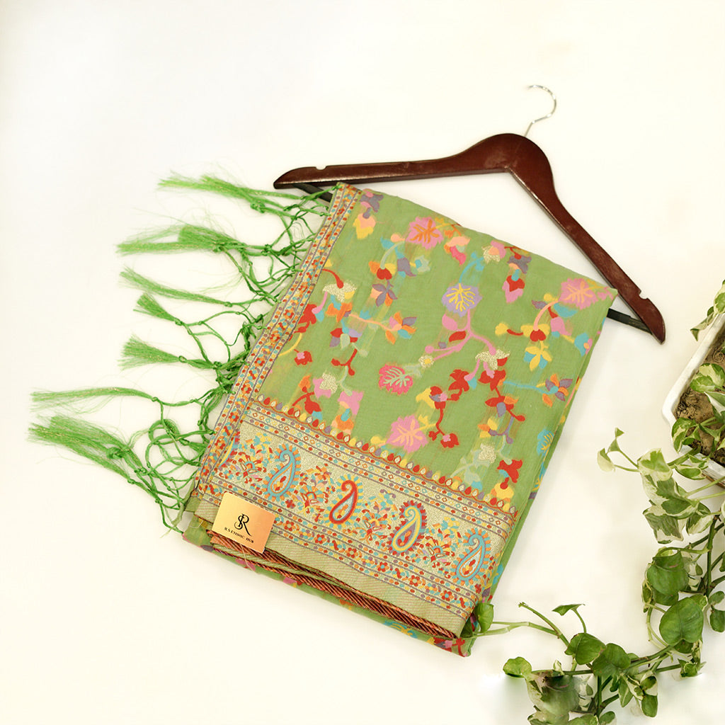 Green Floral Jamdani saree in Cotton silk saree