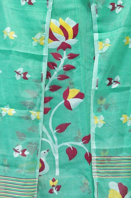 JAMDANI Light green cotton jamdani suit with red and yellow embroidey