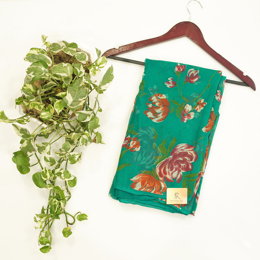 Dark greenChiffon Saree in digital print
