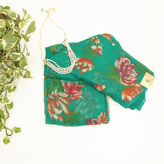 Dark greenChiffon Saree in digital print