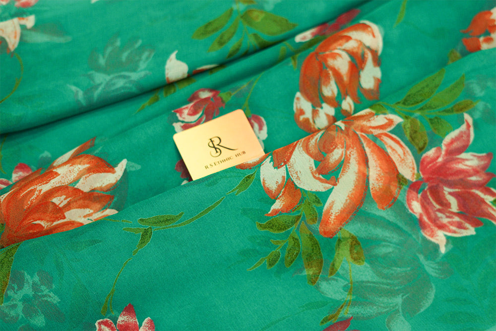 Dark greenChiffon Saree in digital print