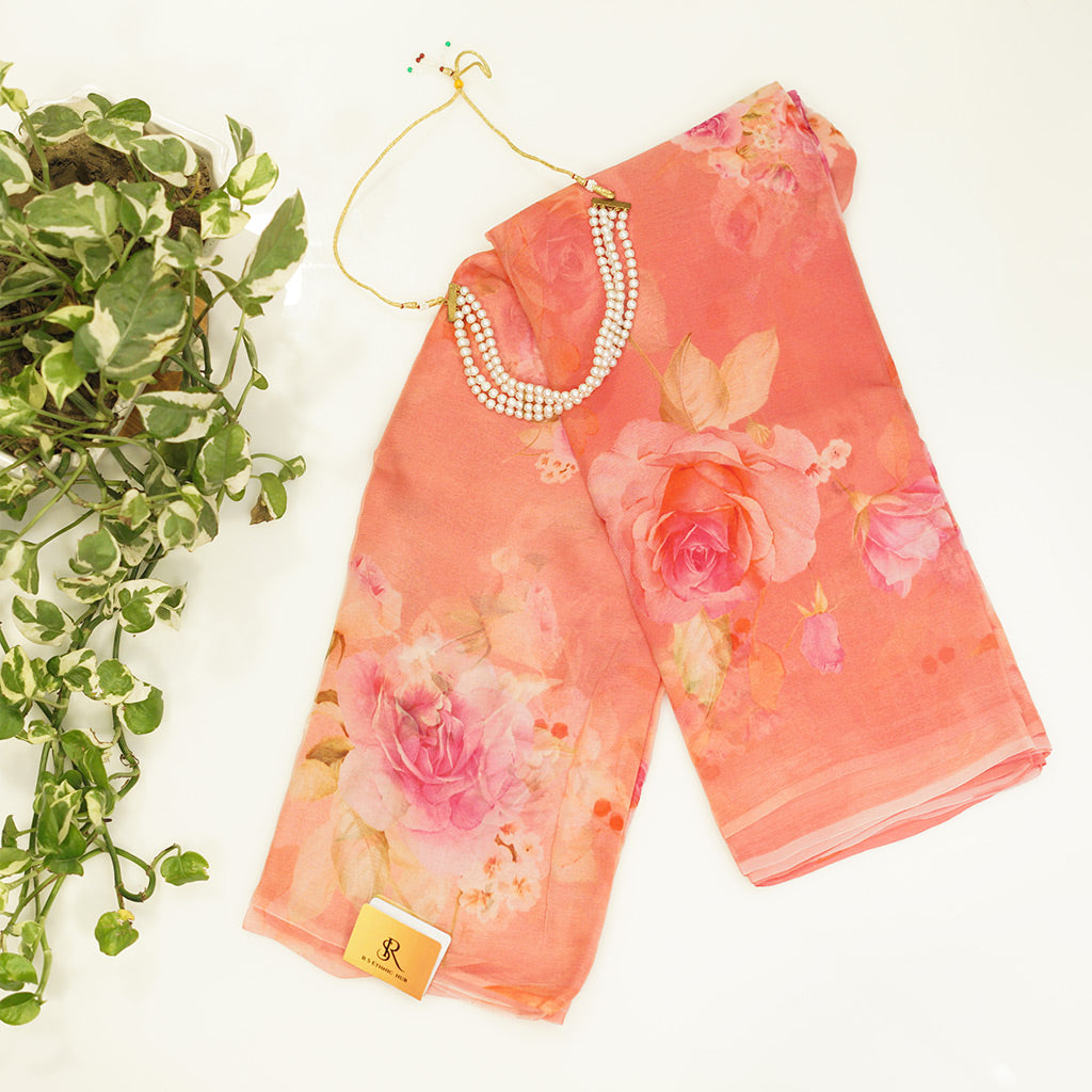 Peach Chiffon Saree in digital print