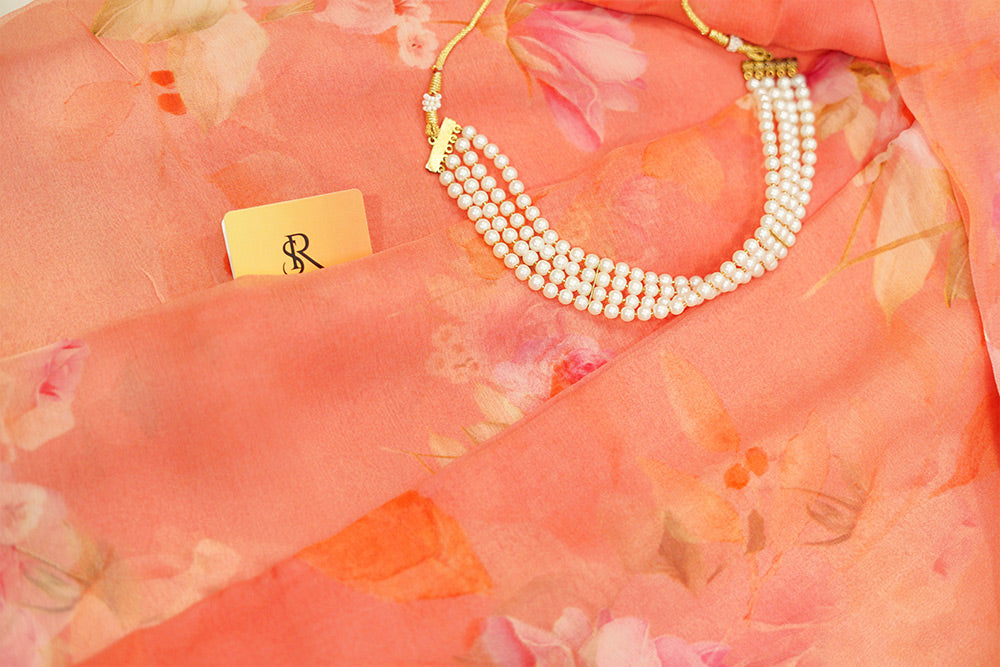 Peach Chiffon Saree in digital print