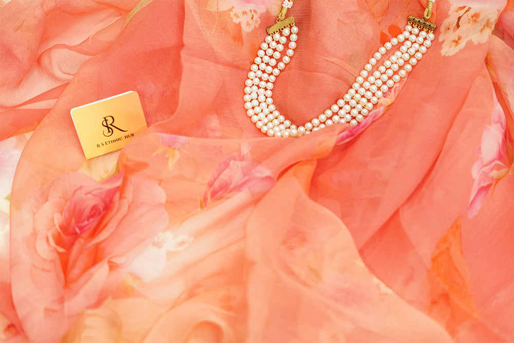 Peach Chiffon Saree in digital print