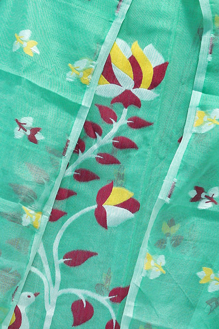 JAMDANI Light green cotton jamdani suit with red and yellow embroidey