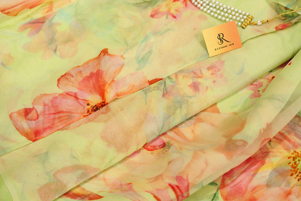 Off White Chiffon Saree in digital print