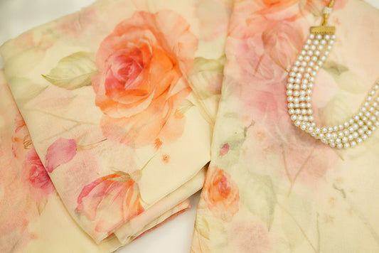 Off White Chiffon Saree in digital print