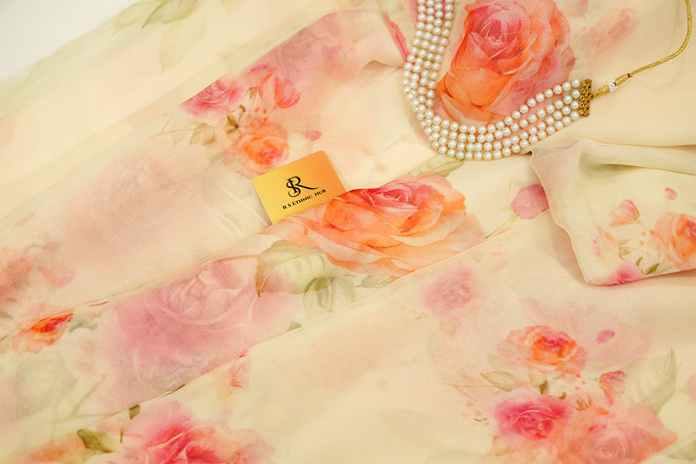 Off White Chiffon Saree in digital print