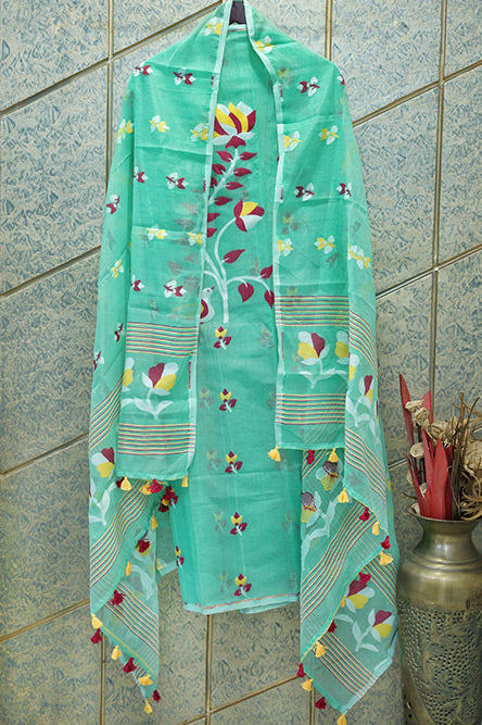 JAMDANI Light green cotton jamdani suit with red and yellow embroidey