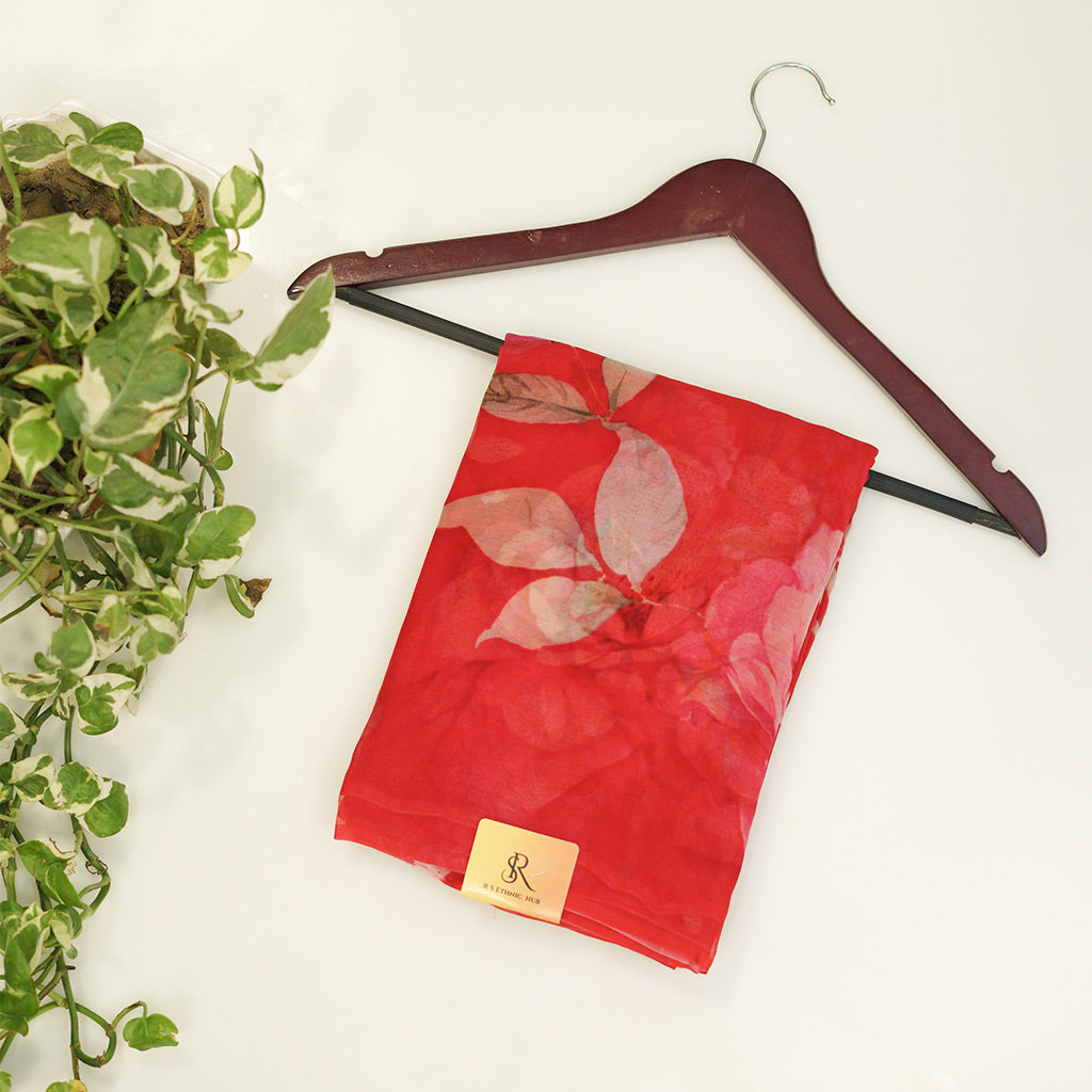 Red Chiffon Saree in digital print