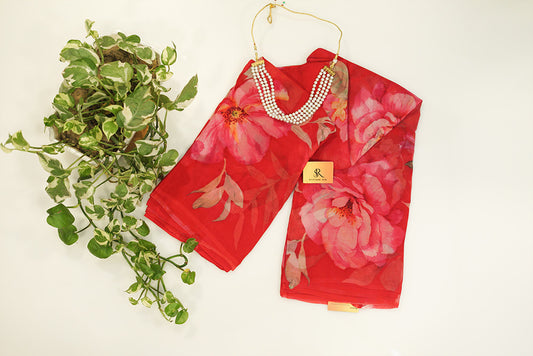 Red Chiffon Saree in digital print