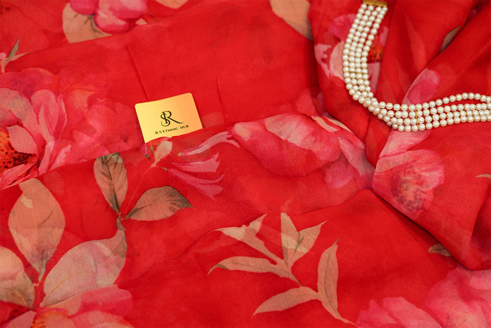 Red Chiffon Saree in digital print
