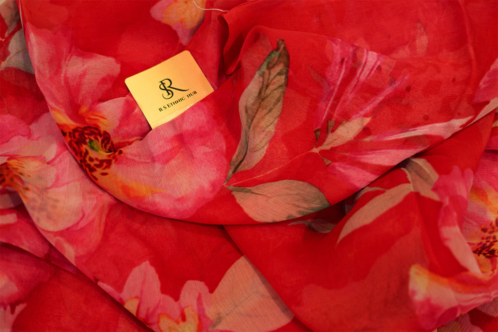 Red Chiffon Saree in digital print
