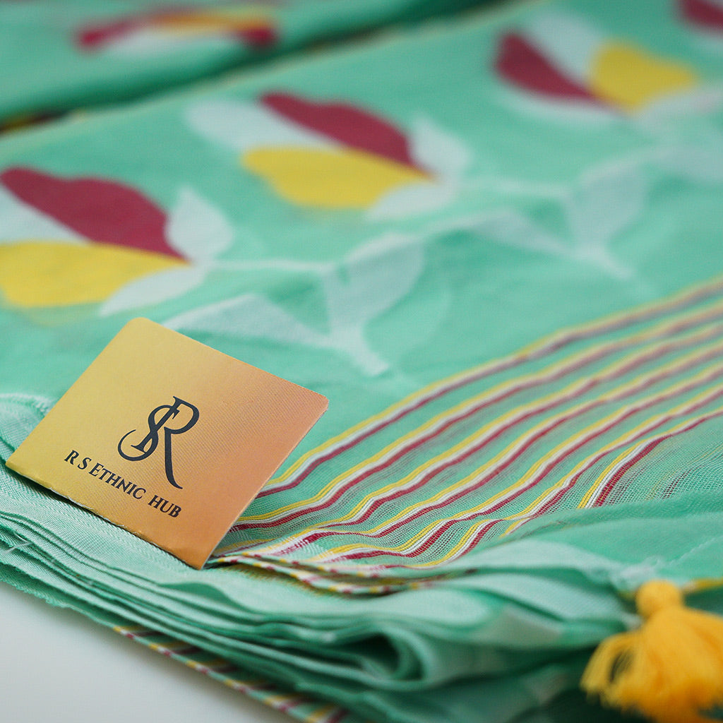 JAMDANI Light green cotton jamdani suit with red and yellow embroidey