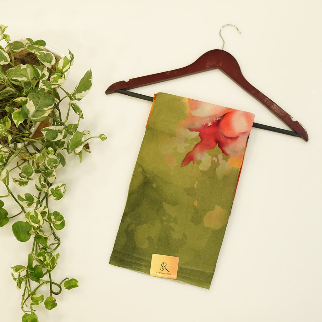 Olive Green Chiffon Saree in digital print
