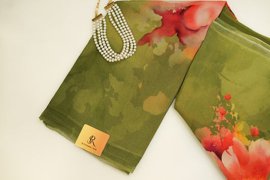 Olive Green Chiffon Saree in digital print