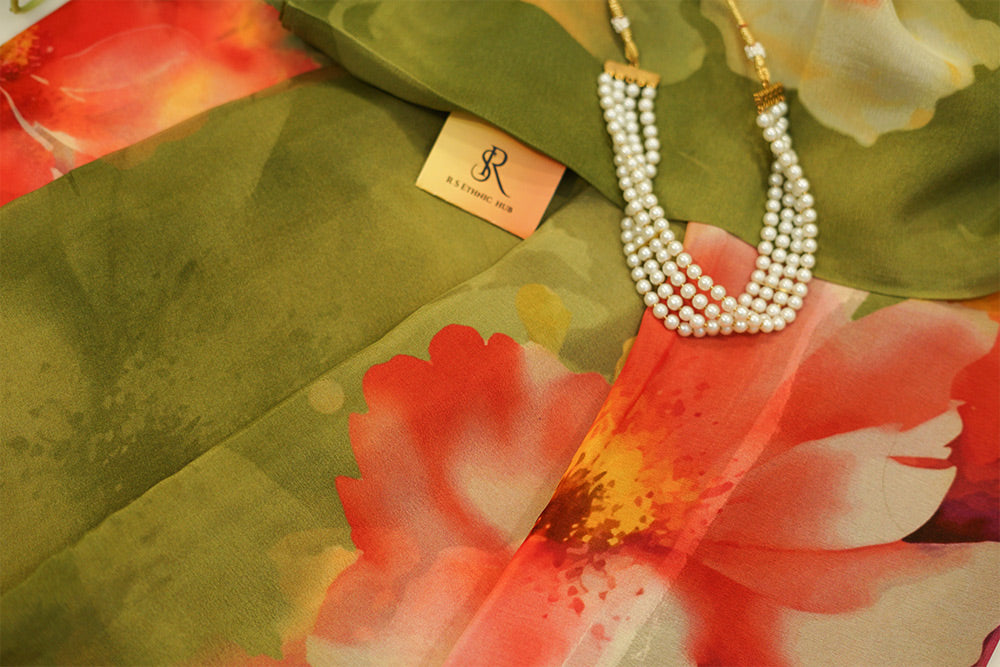 Olive Green Chiffon Saree in digital print