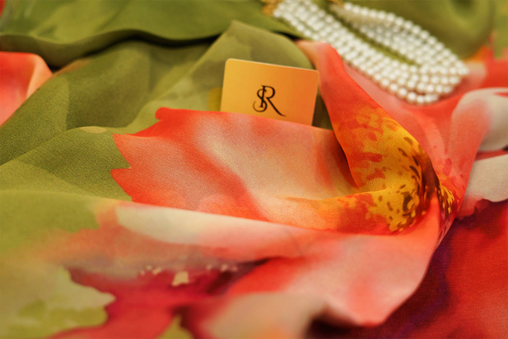 Olive Green Chiffon Saree in digital print