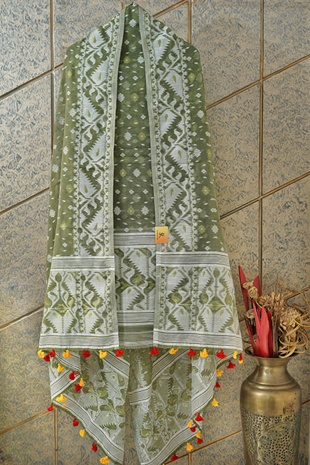 JAMDANI OLIVE Green cotton jaquard jamdani suit