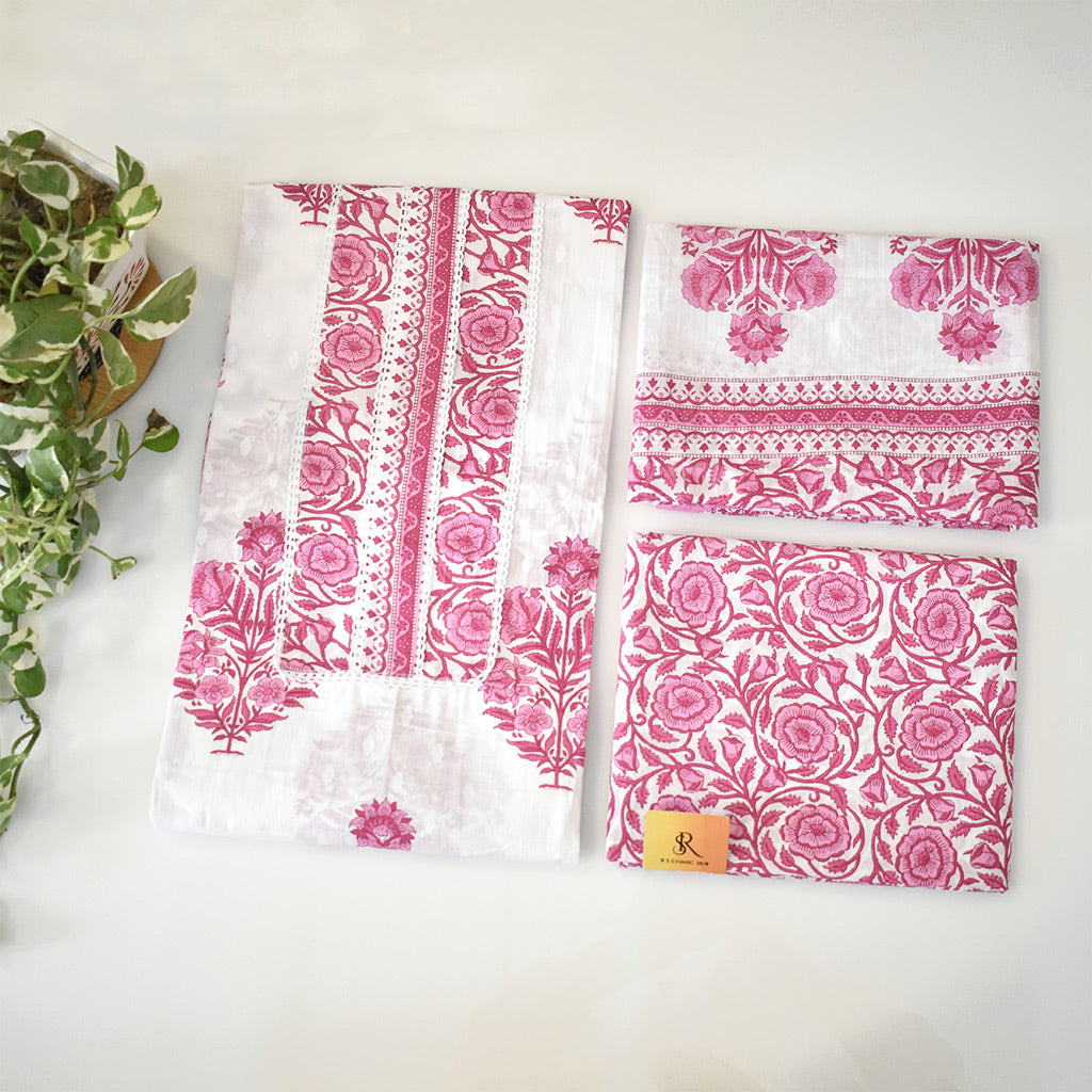 Pink and White Cotton Suit With Floral Cotton Dupatta