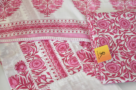 Pink and White Cotton Suit With Floral Cotton Dupatta