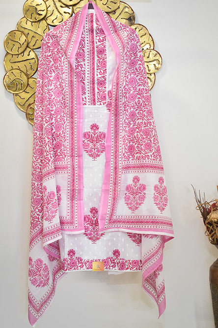 Pink and White Cotton Suit With Floral Cotton Dupatta