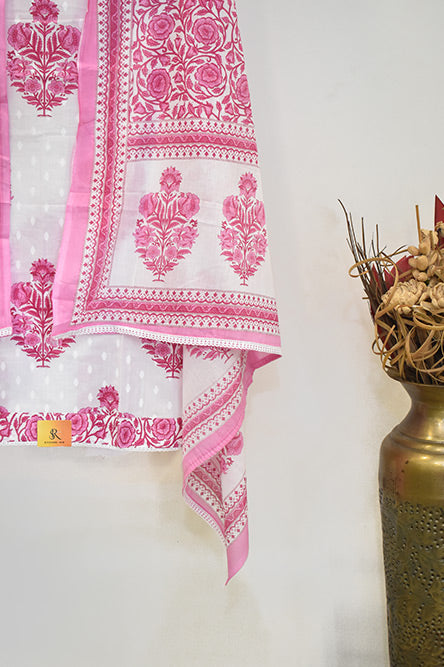 Pink and White Cotton Suit With Floral Cotton Dupatta