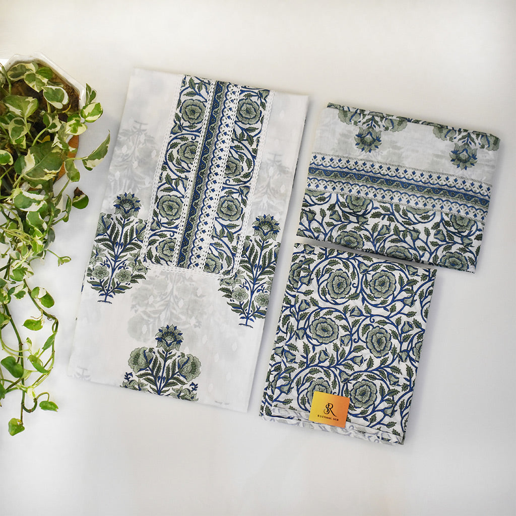 Green and White Cotton Suit With Floral Cotton Dupatta