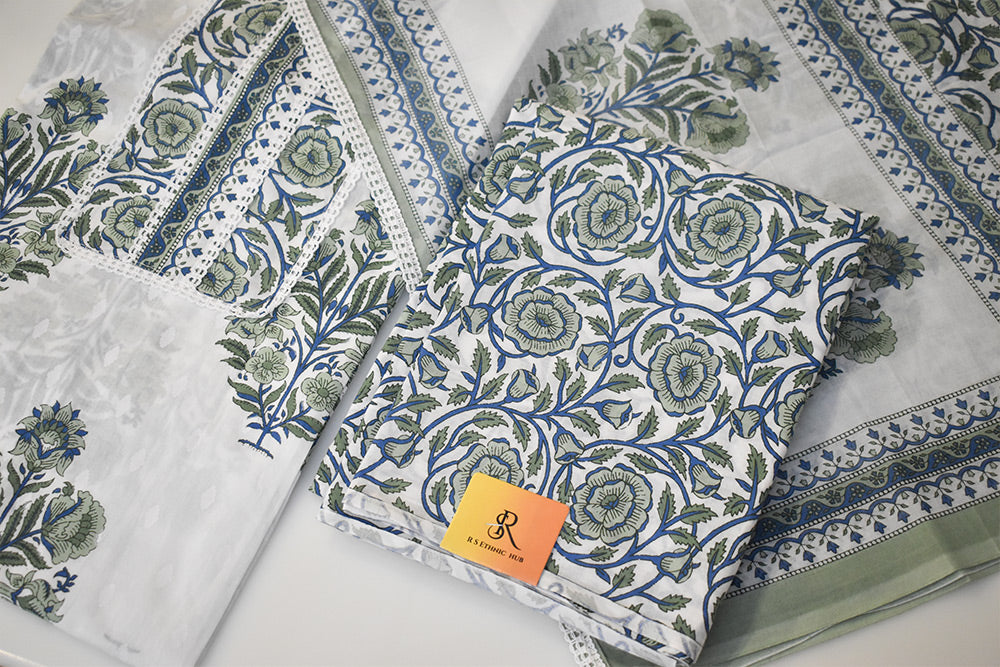 Green and White Cotton Suit With Floral Cotton Dupatta