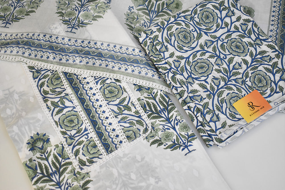 Green and White Cotton Suit With Floral Cotton Dupatta
