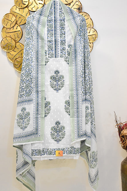 Green and White Cotton Suit With Floral Cotton Dupatta