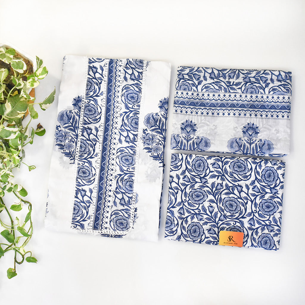 Blue and White Cotton Suit With Floral Cotton Dupatta