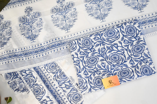 Blue and White Cotton Suit With Floral Cotton Dupatta