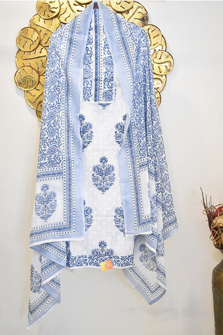 Blue and White Cotton Suit With Floral Cotton Dupatta