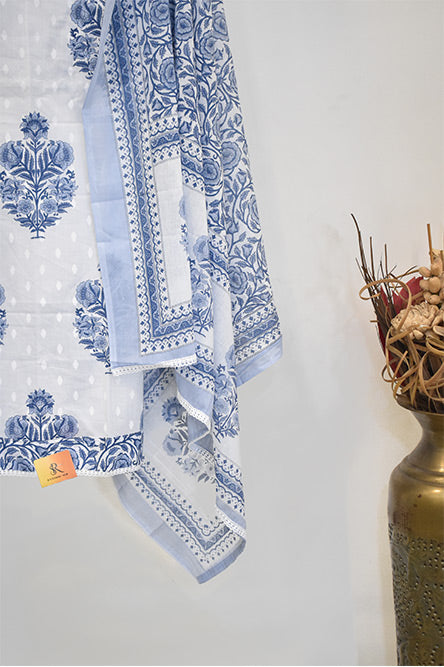 Blue and White Cotton Suit With Floral Cotton Dupatta