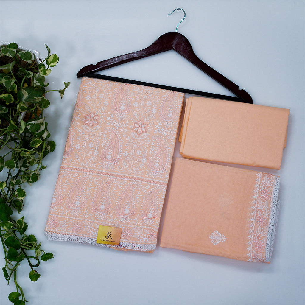 Light orange ( Peach) Purple cotton chikankari suit with cotton dupatta and embroidery on border.