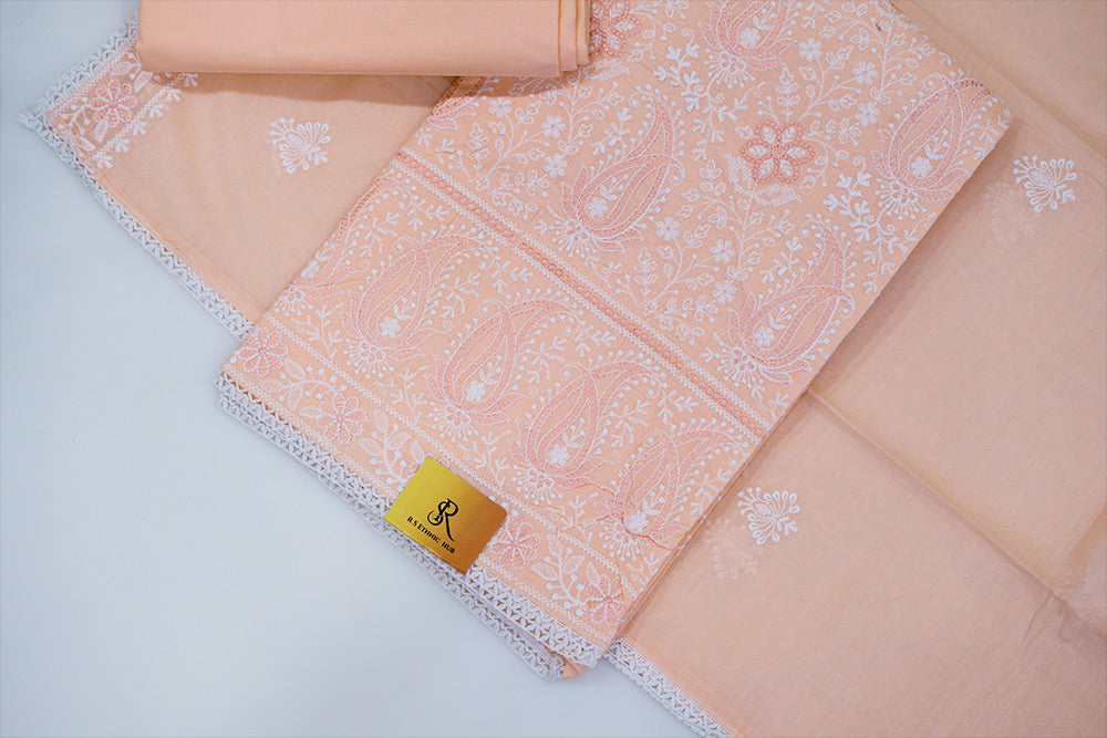 Light orange ( Peach) Purple cotton chikankari suit with cotton dupatta and embroidery on border.