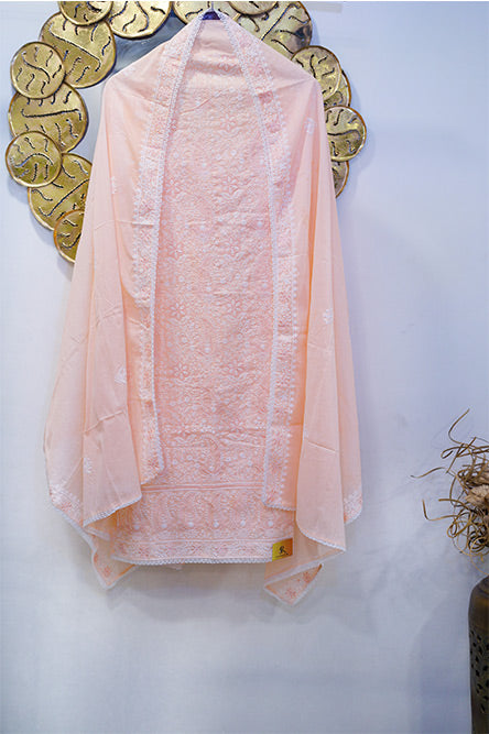 Light orange ( Peach) Purple cotton chikankari suit with cotton dupatta and embroidery on border.
