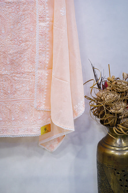 Light orange ( Peach) Purple cotton chikankari suit with cotton dupatta and embroidery on border.