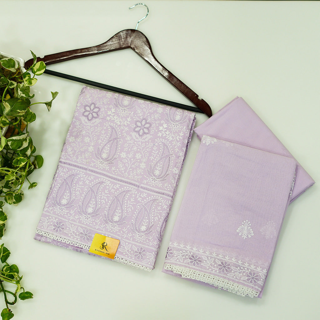 Purple cotton chikankari suit with cotton dupatta and embroidery on border