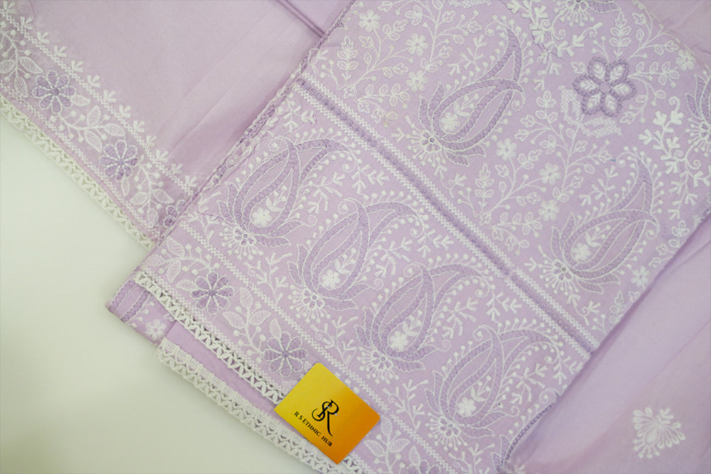 Purple cotton chikankari suit with cotton dupatta and embroidery on border