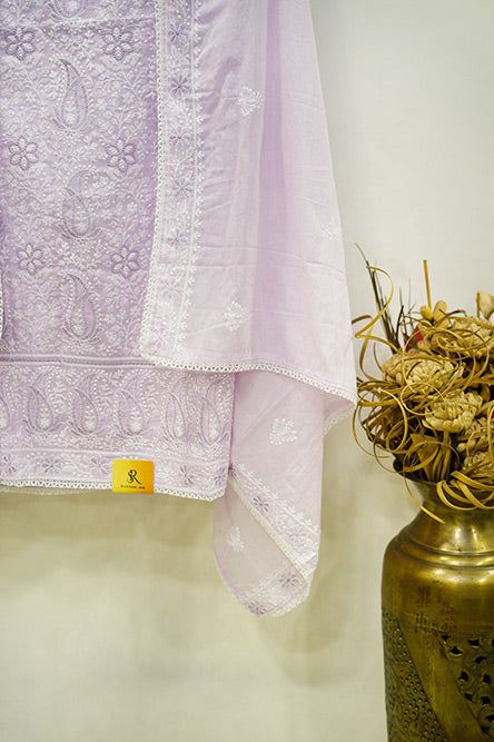 Purple cotton chikankari suit with cotton dupatta and embroidery on border