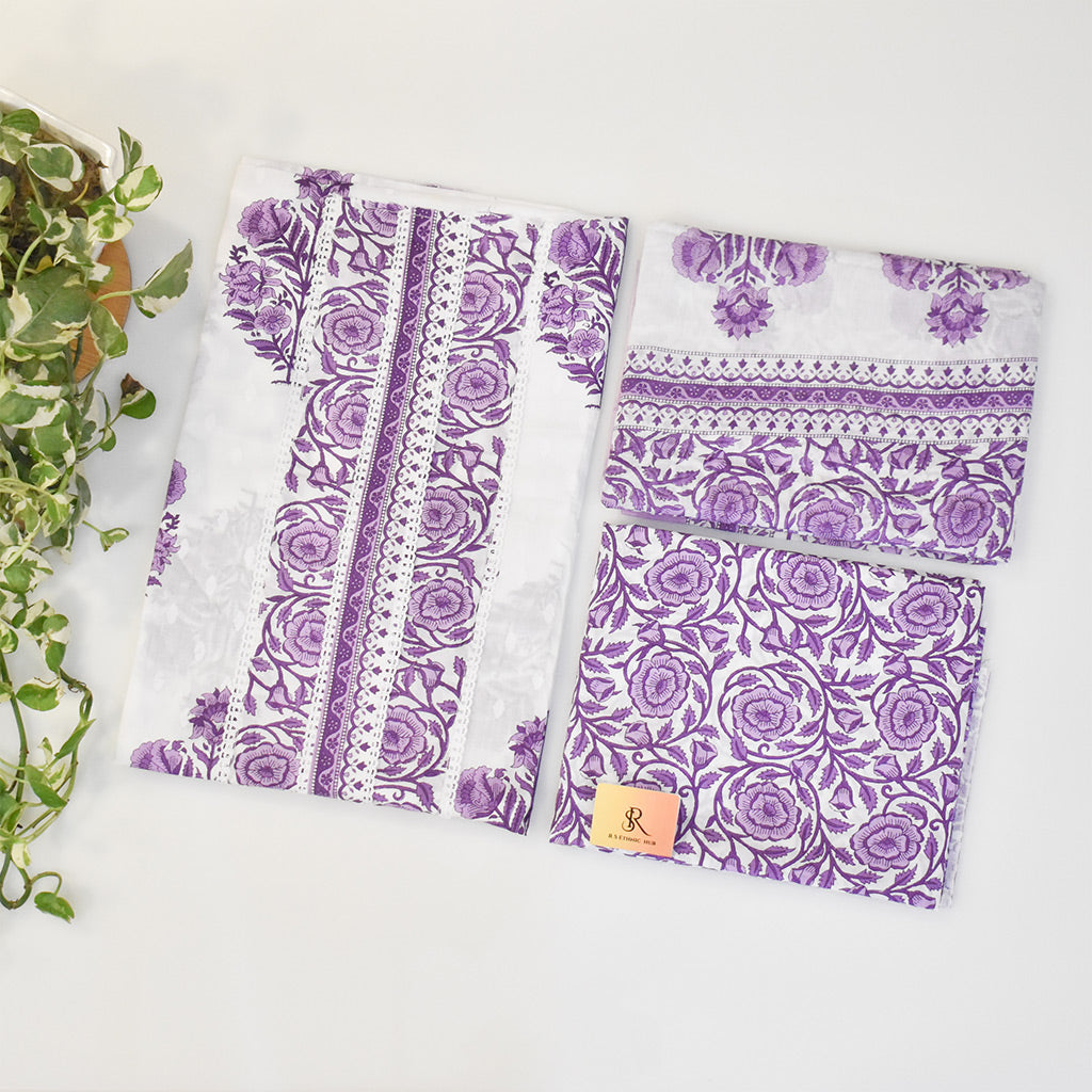 Purple and White Cotton Suit With Floral Cotton Dupatta